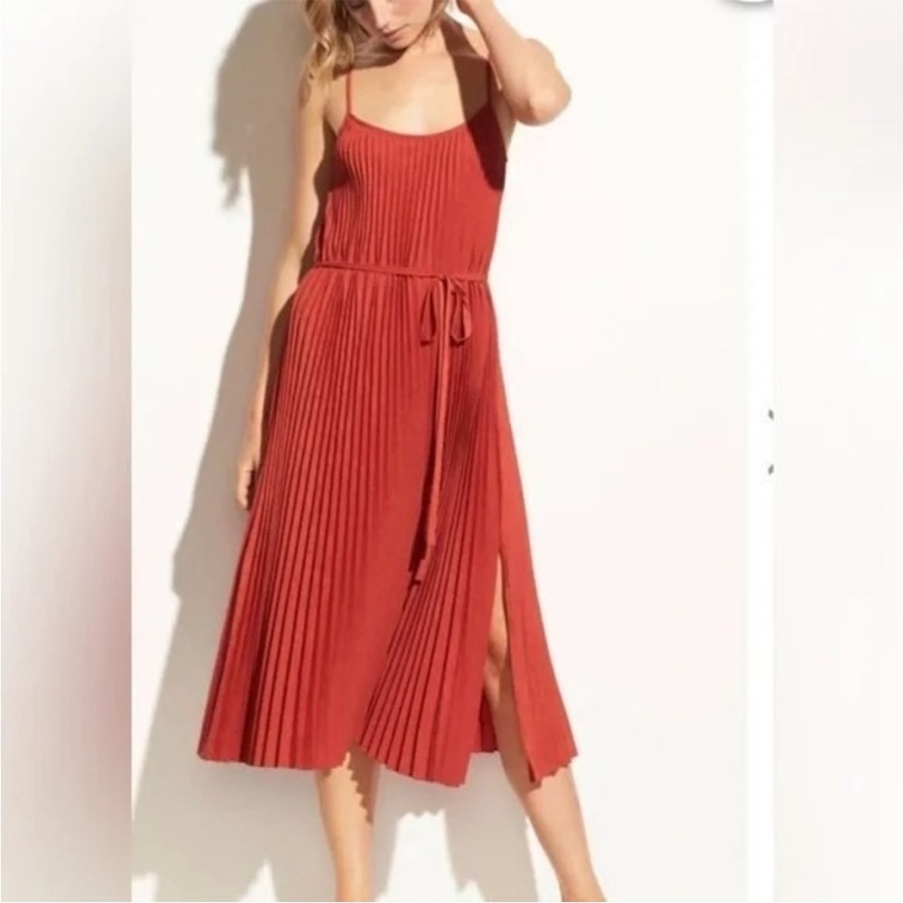 Vince Crinkled Plissé-Crepe Midi Dress in Tangerine